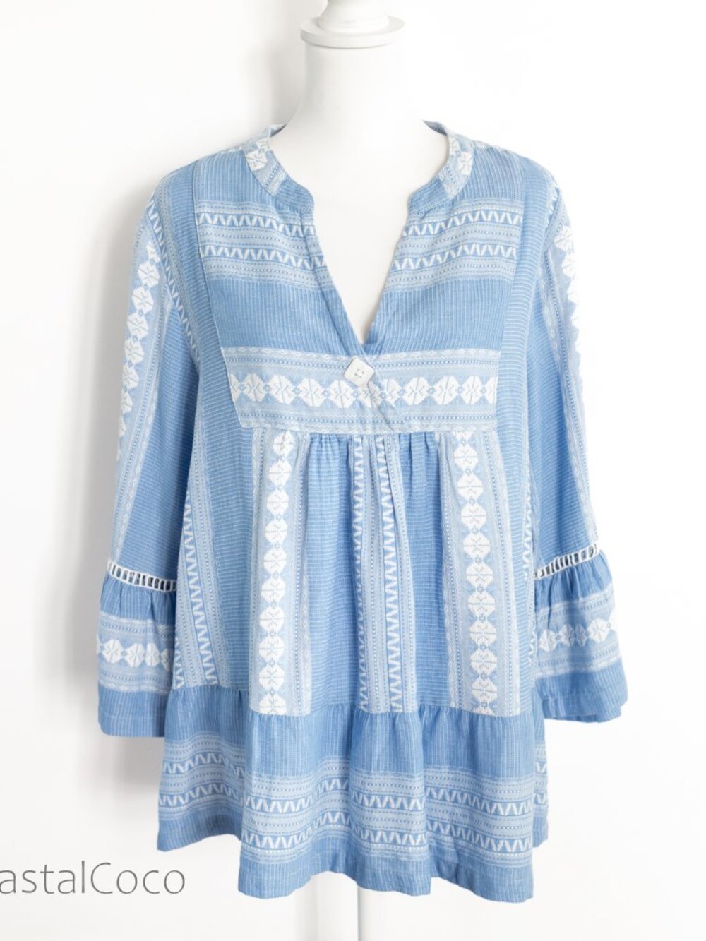 Tru Luxe Jeans Blouse XL Relaxed Top Embroidered 100% Cotton Boho Coastal Beach
